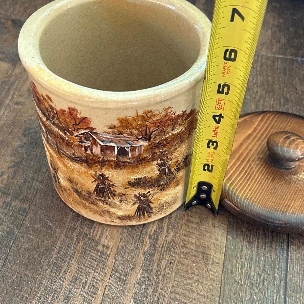 Vintage RRP Co Roseville Stoneware Canister Hand Painted Barn Wood Lid 5.5in